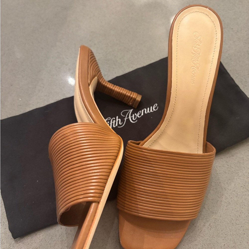 Women's Tan Saks Fifth Avenue Slide Leather Heels - Picture 2 of 3